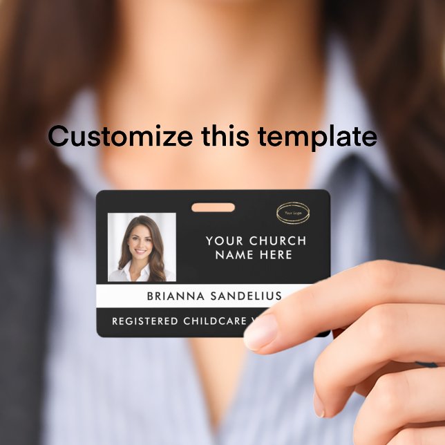 Modern Black Custom Logo Photo ID Church Volunteer Badge (Personalize this modern black and white professional logo photo ID badge for church volunteers.
)