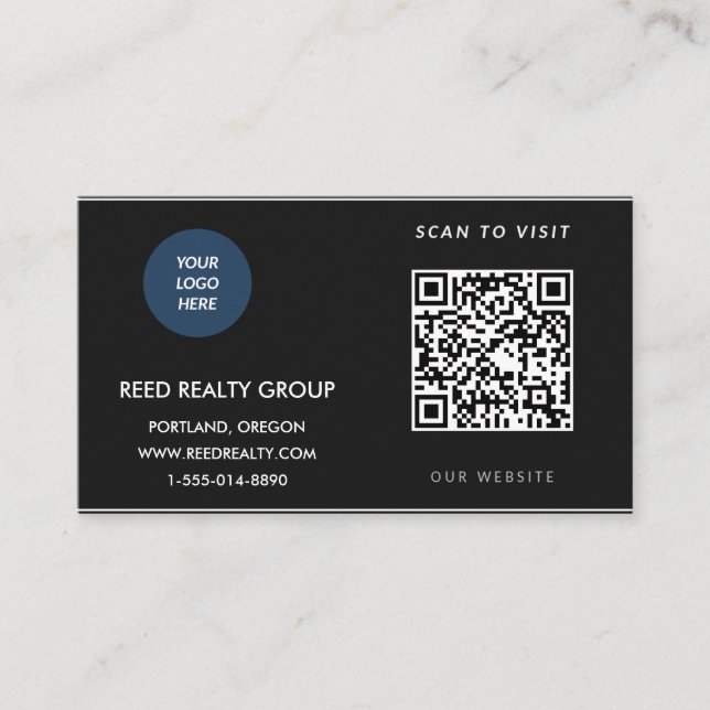 Modern Black Custom Logo QR Code Business Card (Front)
