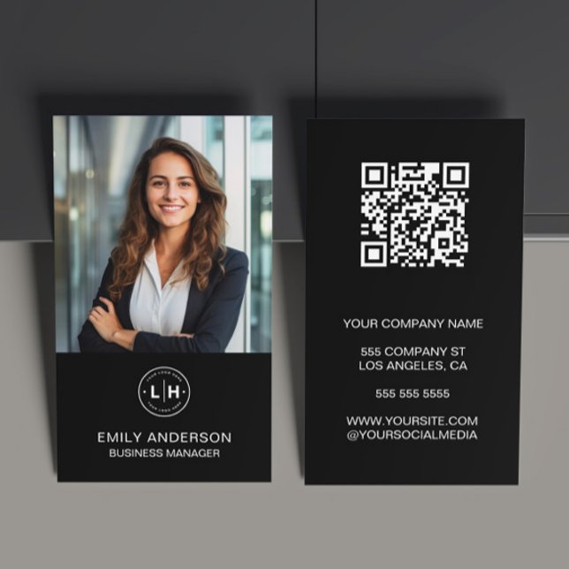 Modern Black Custom Logo QR Photo Business Card (Modern Black Custom Logo QR Photo Vertical Business Card by MINTIC DESIGN STUDIO)