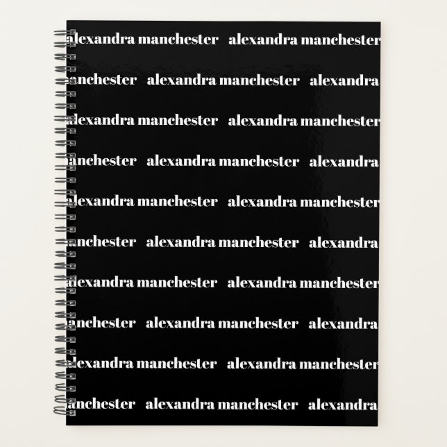 Modern black custom name last name striped pattern planner (Front)