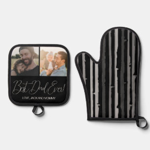 Modern Black Custom Photo Best Dad Ever Oven Mitt & Pot Holder Set