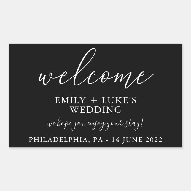 Modern Black Custom Wedding Welcome Rectangular Sticker (Front)