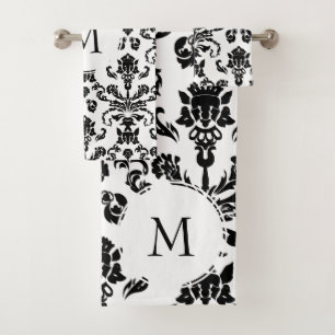 Modern Black Damask Monogram Bath Towel Set