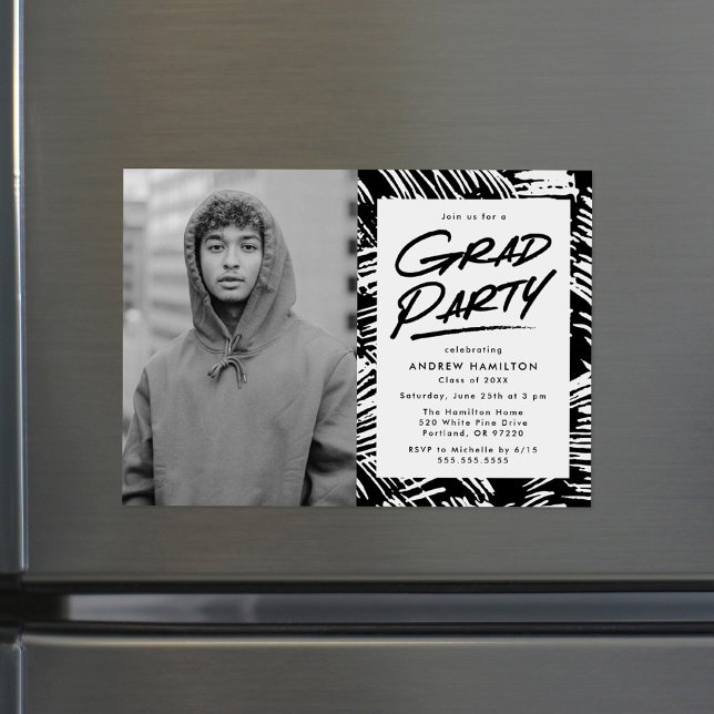 Modern Black Dashed Grad Photo Graduation Party Magnetic Invitation (Creator Uploaded)
