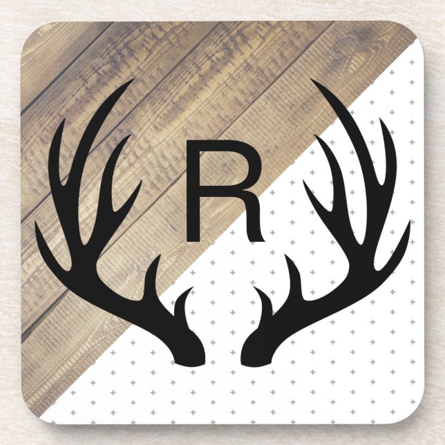 Modern Black Deer Antlers Faux Wood & Pattern Coaster (Front)