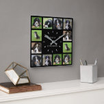Modern black dog photo collage family name square wall clock<br><div class="desc">Modern black Family,  pet photo collage clock.
Add your own personal photos and name to personalise the clock and you will create a very personal and unique clock.</div>