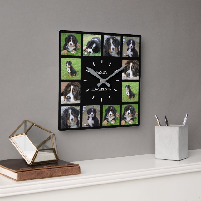 Modern black dog photo collage family name square wall clock (Office)