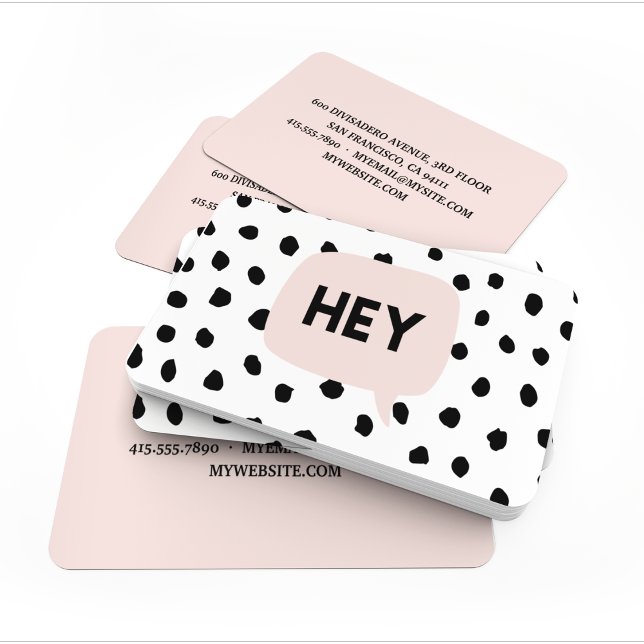 Modern Black Dots & Bubble Chat Pink With Hey Business Card (Creator Uploaded)