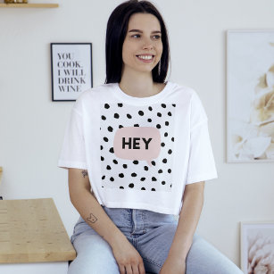 Modern Black Dots & Bubble Chat Pink With Hey T-Shirt