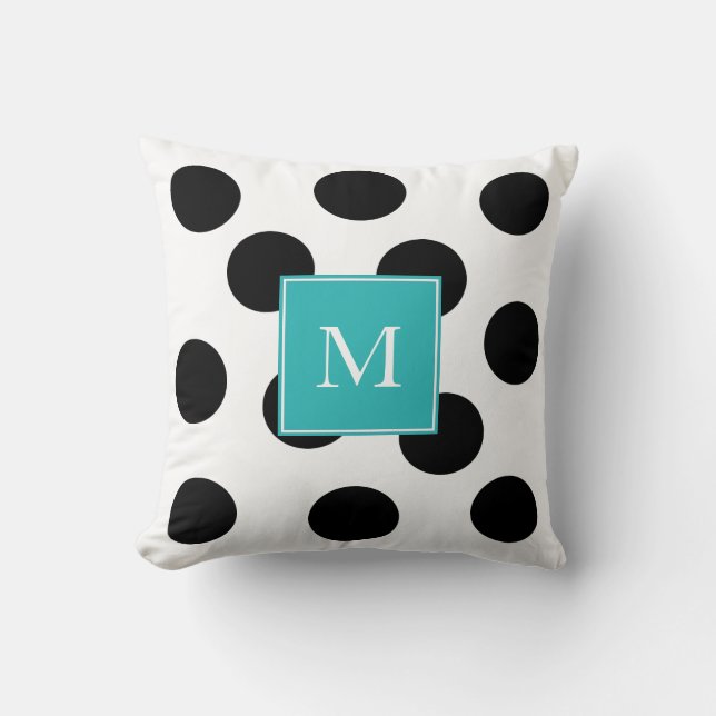 Modern black dots stripes teal monogram cushion (Front)