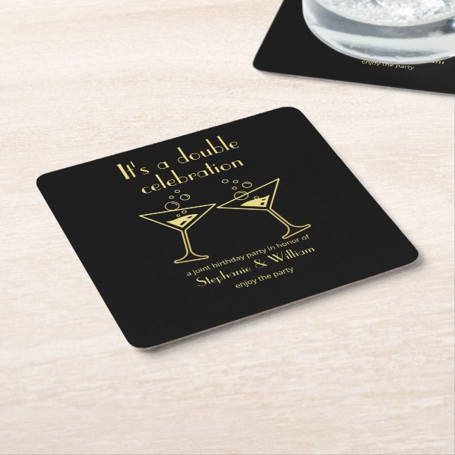 Modern Black Double Celebration Joint Birthday Square Paper Coaster (Angled)