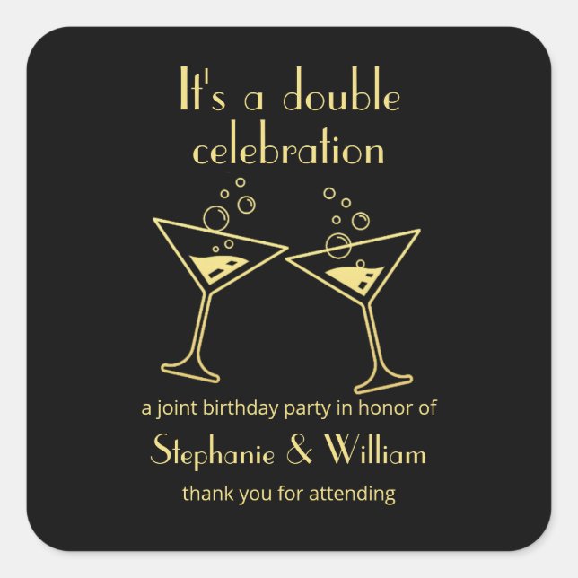 Modern Black Double Celebration Joint Birthday Square Sticker (Front)