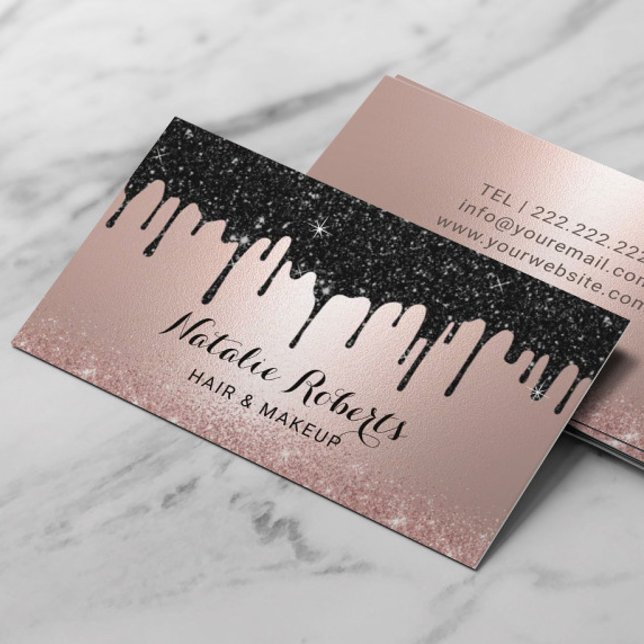 Modern Black Drips Rose Gold Makeup Hair Salon Business Card (Creator Uploaded)