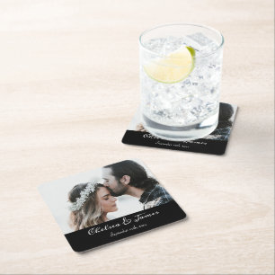 Modern Black Elegant Calligraphy Photo Wedding  Square Paper Coaster