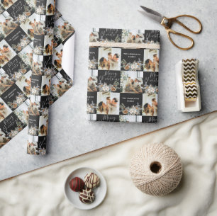 Modern Black Elegant Family Photo Merry Christmas Wrapping Paper