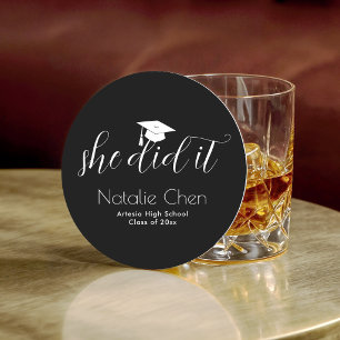 Modern Black Elegant Fonts Graduation Round Paper Coaster