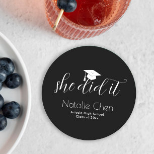 Modern Black Elegant Fonts Graduation Round Paper Coaster