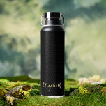 Modern Black Elegant Gold Script Chic Custom Name Water Bottle<br><div class="desc">Create your own custom, personalised, cool, chic, stylish, elegant faux gold typography script, modern geometric trendy light grey triangles pattern background, classy black, spill-proof, stainless steel, condensation-resistant exterior, monogrammed matte black durable double-wall Thor Copper Vacuum Insulated Bottle that keeps beverages hot for 12 hours or cold for 48 hours. Simply...</div>