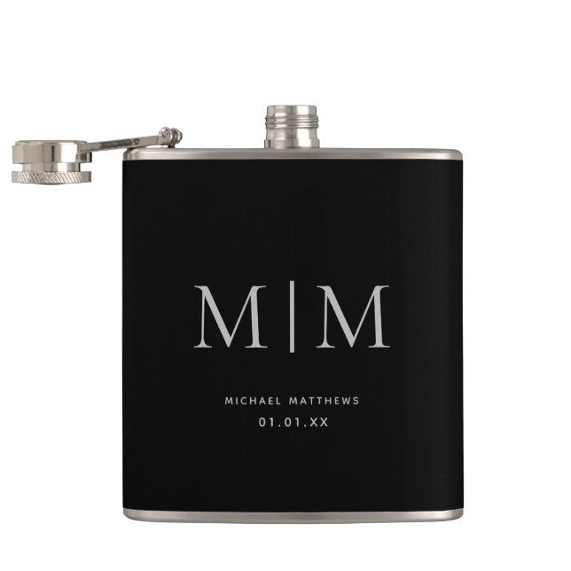 Modern Black Elegant Monogrammed Initial Name Hip Flask (Opened)