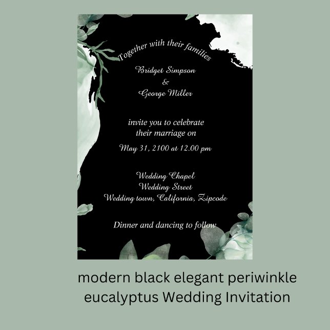 modern black elegant periwinkle Wedding Invitation (modern black elegant periwinkle eucalyptus Wedding Invitation by wedding Hobinishop)