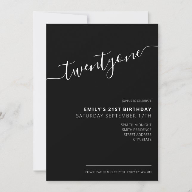 Modern Black Elegant Script 21st Birthday Invitation (Front)