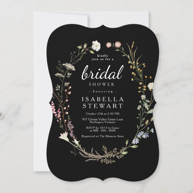 Modern Black Elegant Wildflower Bridal Shower Invitation (Front)
