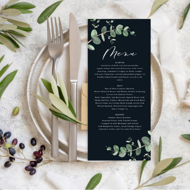 Modern black eucalyptus elegant wedding menu (Creator Uploaded)