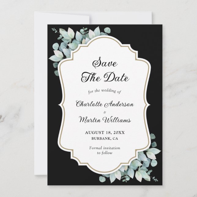 Modern Black Eucalyptus Greenery Wedding Save The Date (Front)