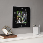 Modern black Family custom photo collage Square Wall Clock<br><div class="desc">Family photo collage on black background clock.
Add your own personal photos to personalise the clock.</div>