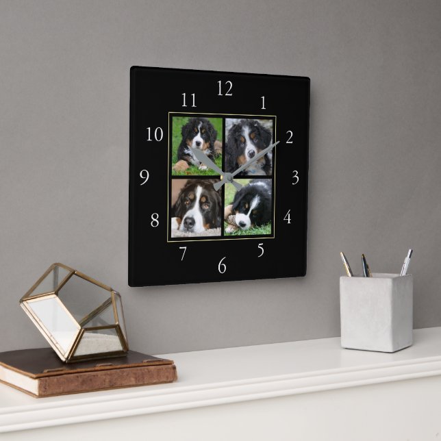 Modern black Family custom photo collage Square Wall Clock (Office)