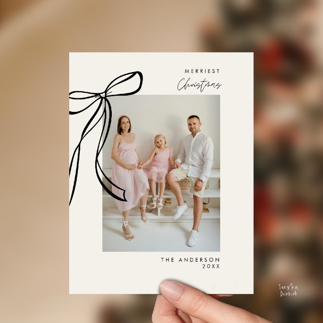 Modern Black Family Photo Christmas Greeting Postcard (Modern Black Bow Family Photo Christmas Minimalist Greeting Postcard)