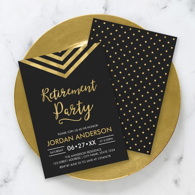 Modern Black Faux Gold Chevron Retirement Party Invitation (Creator Uploaded)