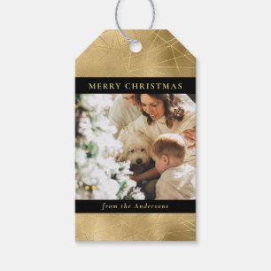 Modern Black Faux Gold Christmas Family Photo Gift Tags