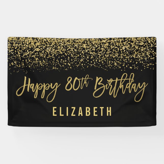 Modern Black Faux Gold Glitter 80th Birthday Banner (Horizontal)