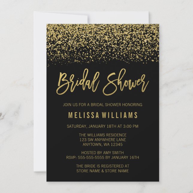 Modern Black Faux Gold Glitter Bridal Shower Invitation (Front)
