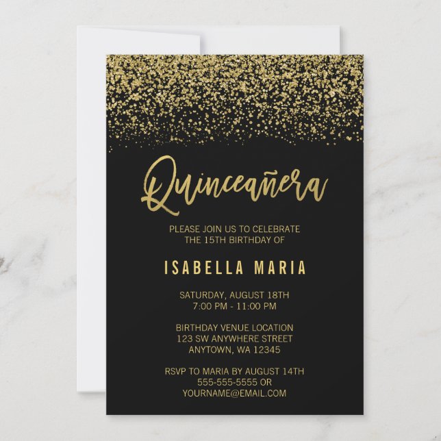 Modern Black Faux Gold Glitter Quinceanera Invitation (Front)