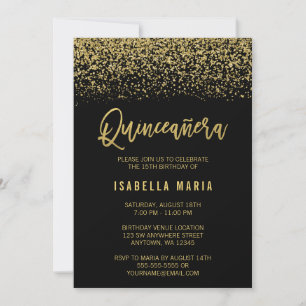 Modern Black Faux Gold Glitter Quinceanera Invitation