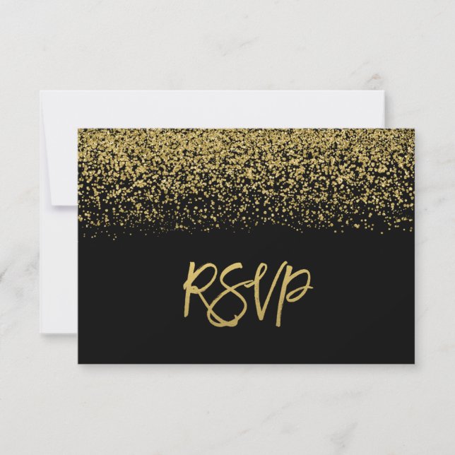 Modern Black Faux Gold Glitter RSVP (Front)