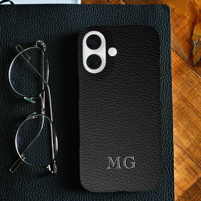 Modern Black Faux Leather White Monogram Initials Case-Mate iPhone Case (Creator Uploaded)