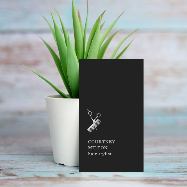 Modern Black Faux Silver Scissors Comb HairStylist Business Card (Creator Uploaded)