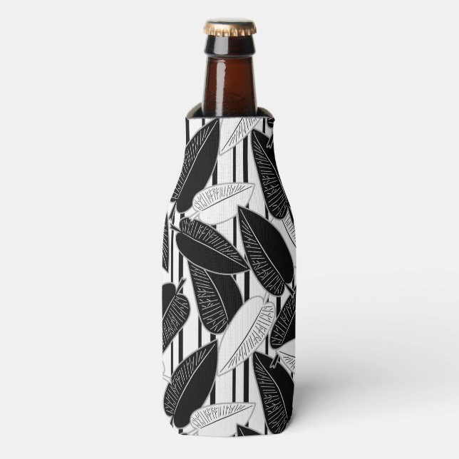 Modern black ficus leaves abstract striped print p bottle cooler (Bottle Front)