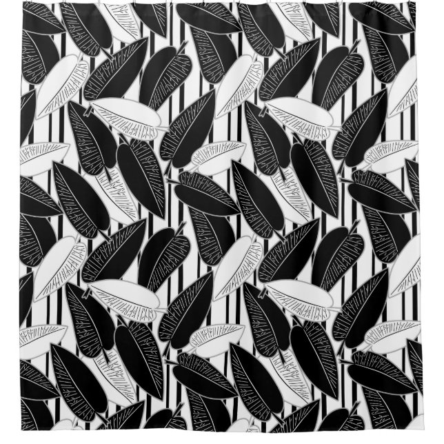 Modern black ficus leaves abstract striped print p shower curtain (Front)