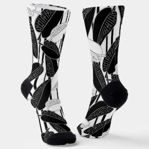 Modern black ficus leaves abstract striped print p socks