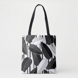 Modern black ficus leaves abstract striped print p tote bag