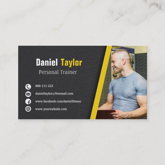 Modern Black Fitness Personal Trainer with Photo Business Card (Front)