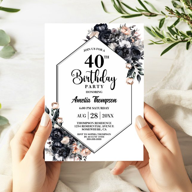 Modern Black Floral 40th Birthday Party Invitation (Creator Uploaded)