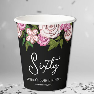 Modern Black Floral 60th Birthday Paper Cups