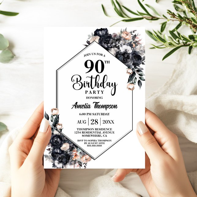 Modern Black Floral 90th Birthday Party Invitation (Creator Uploaded)