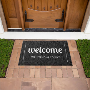 Modern Black Floral and White Personalised Welcome Doormat