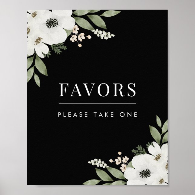 Modern Black Floral Botanical Wedding Favours Sign (Front)